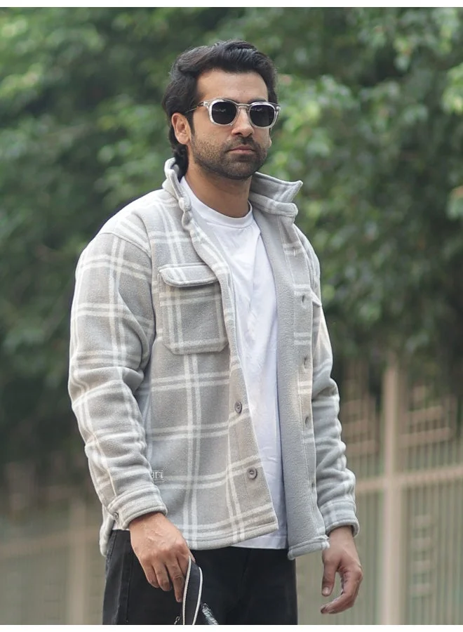 Maniac  Maniac Mens Chcekered Grey Fullsleeve Polyester Blend Fleece Shacket for Men | Best Price UAE